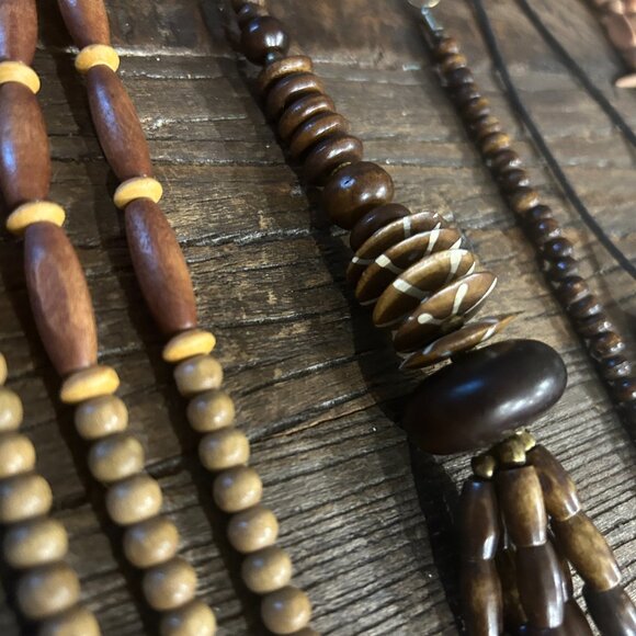 Lot of 5 Vintage Wooden Bead Necklaces | Tribal Boho Clay & Leather String - Picture 6 of 12